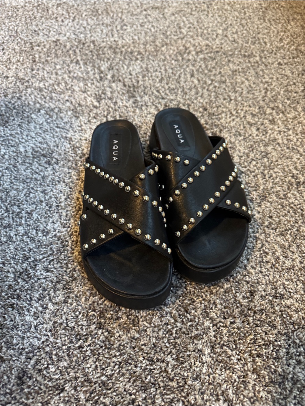 Aqua Black Studded Crossband Slide Mules